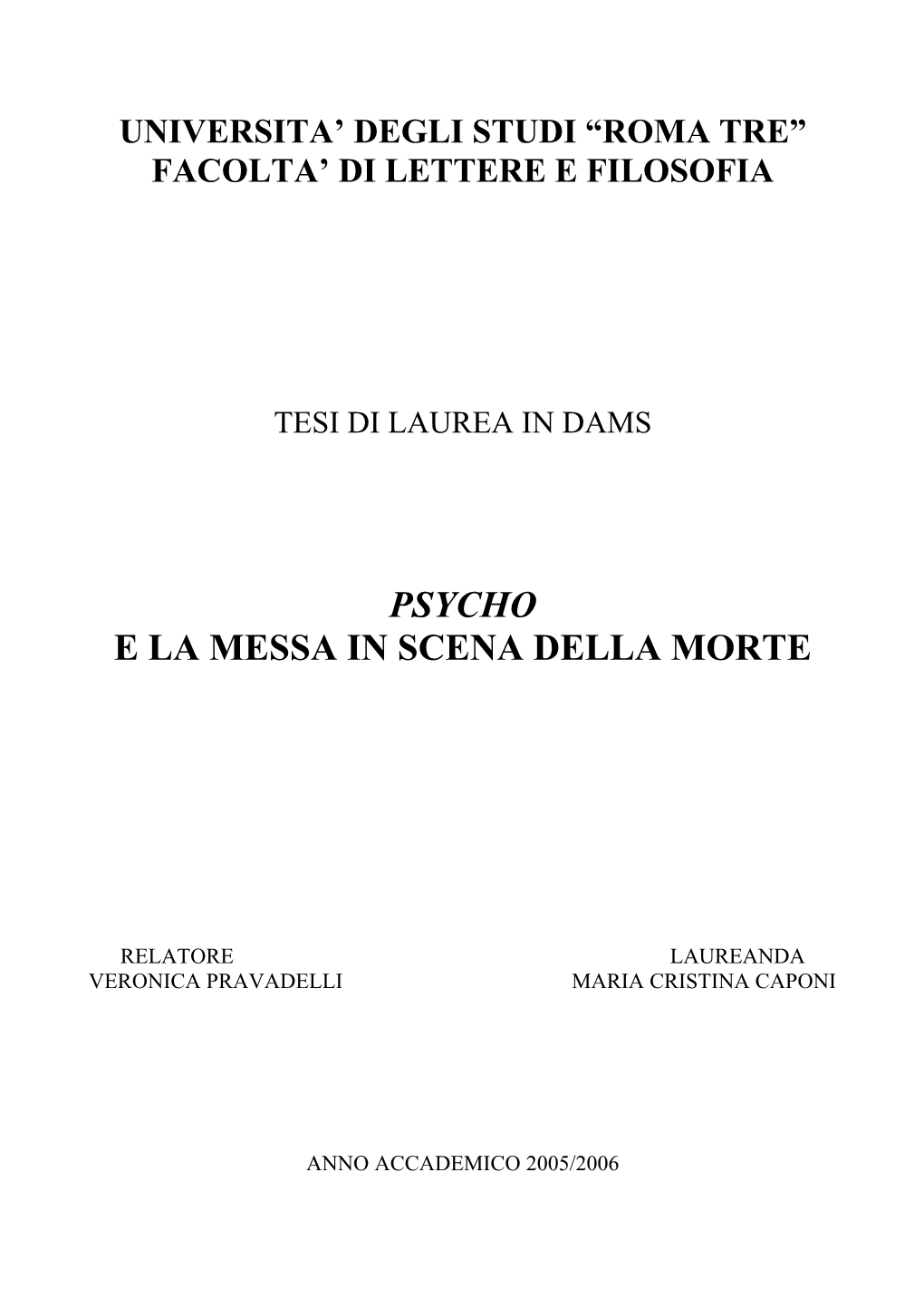 Psycho E La Messa in Scena Della Morte