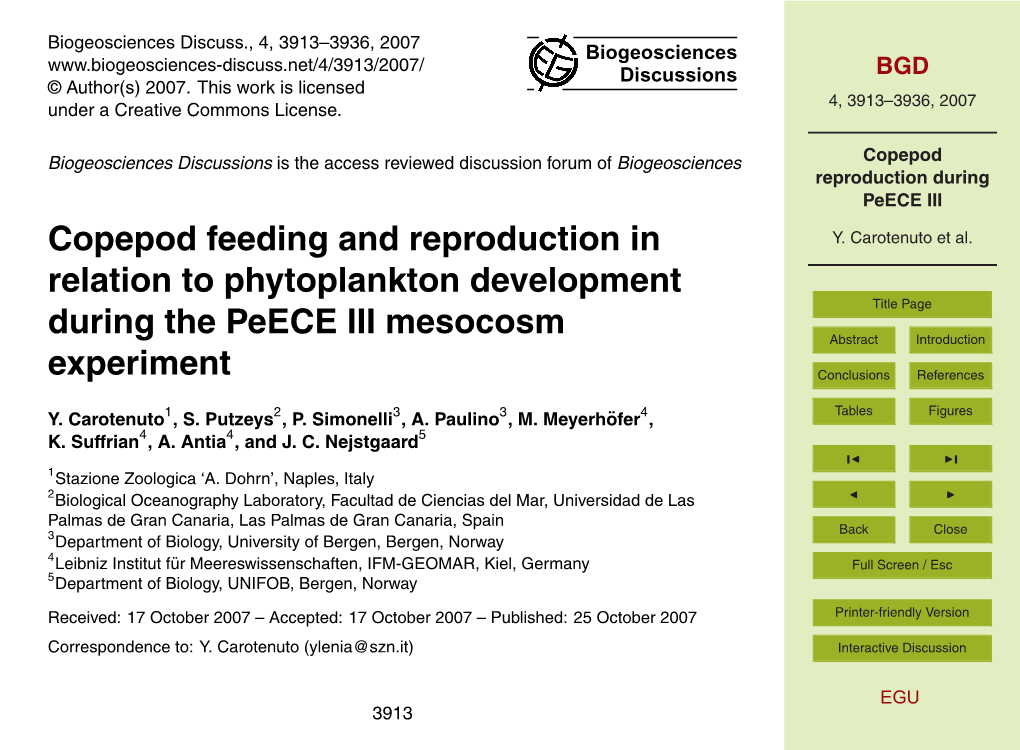 Copepod Reproduction During Peece III Copepod Feeding and Reproduction in Y