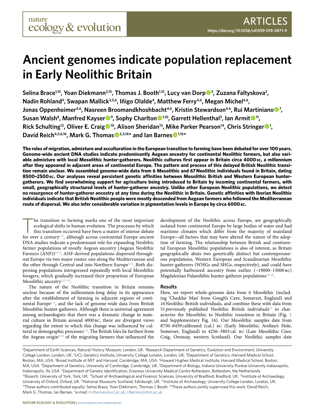 Ancient Genomes Indicate Population Replacement in Early Neolithic Britain