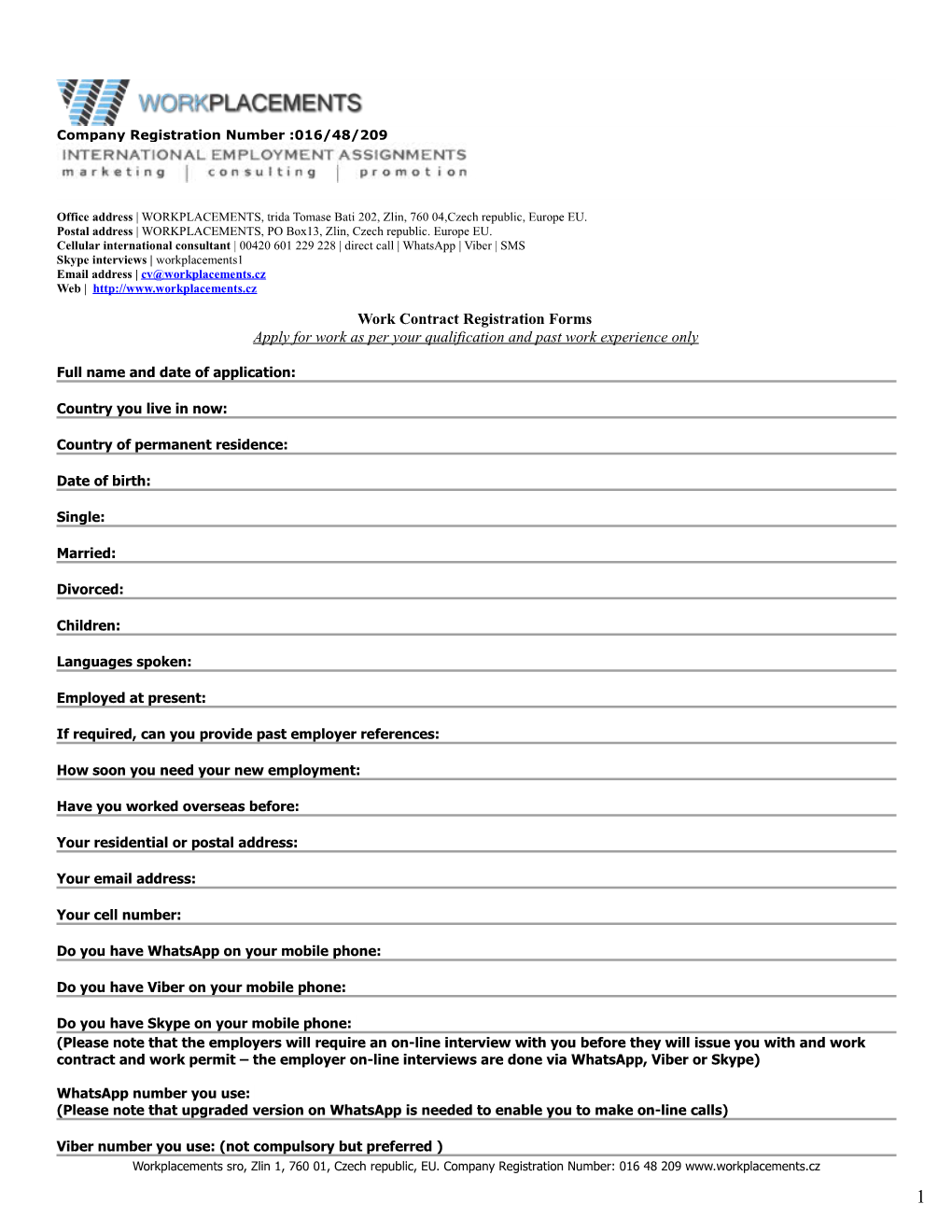 Work Contract Registration Forms