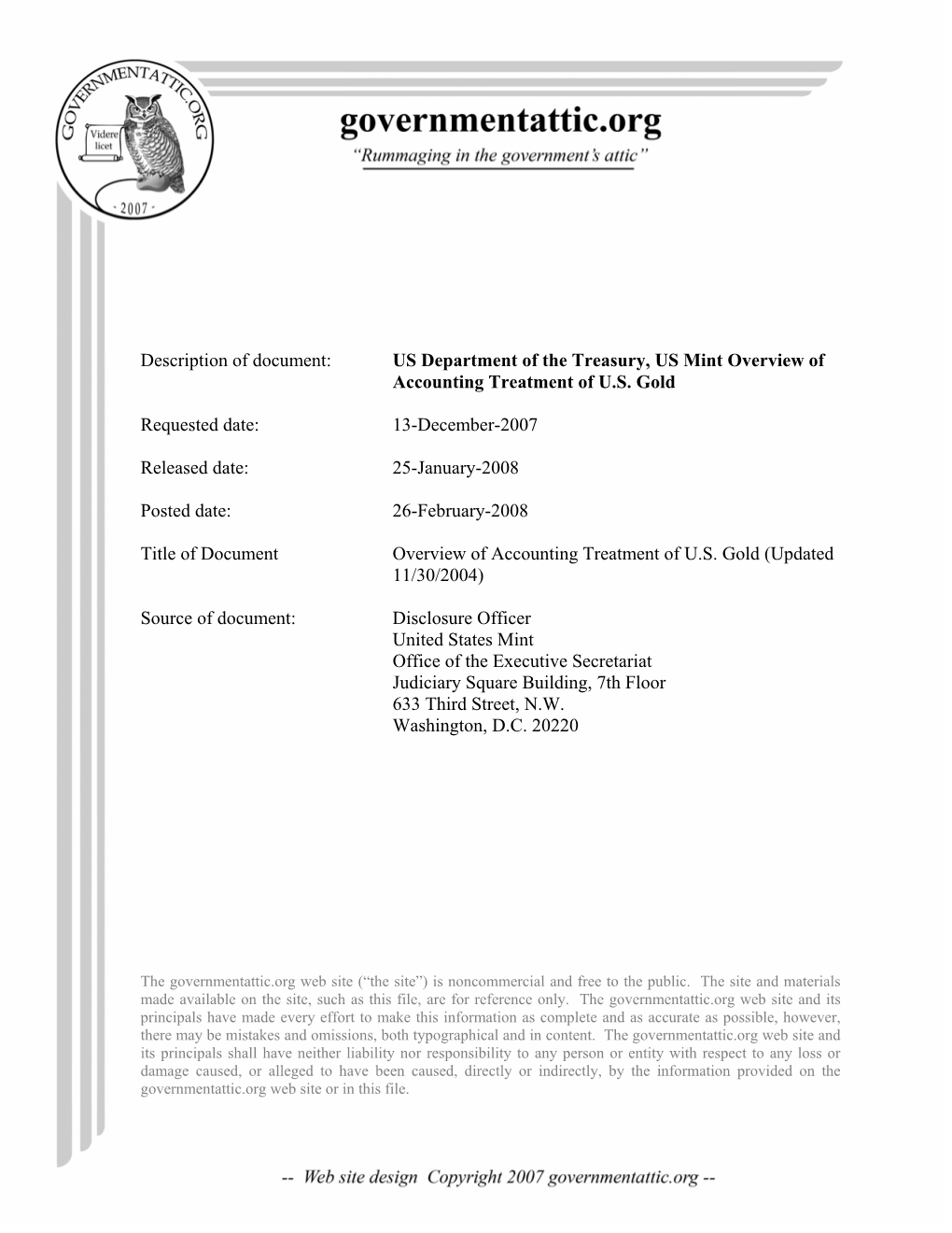 US Mint Overview of Accounting Treatment of U.S. Gold