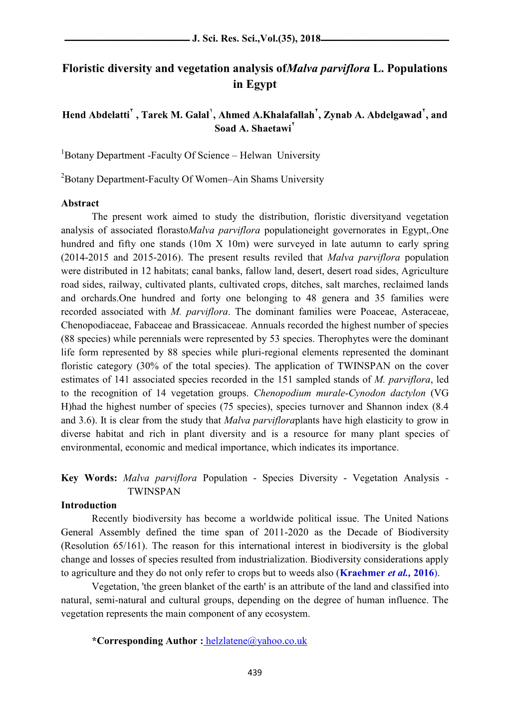 Floristic Diversity and Vegetation Analysis Ofmalva Parviflora L