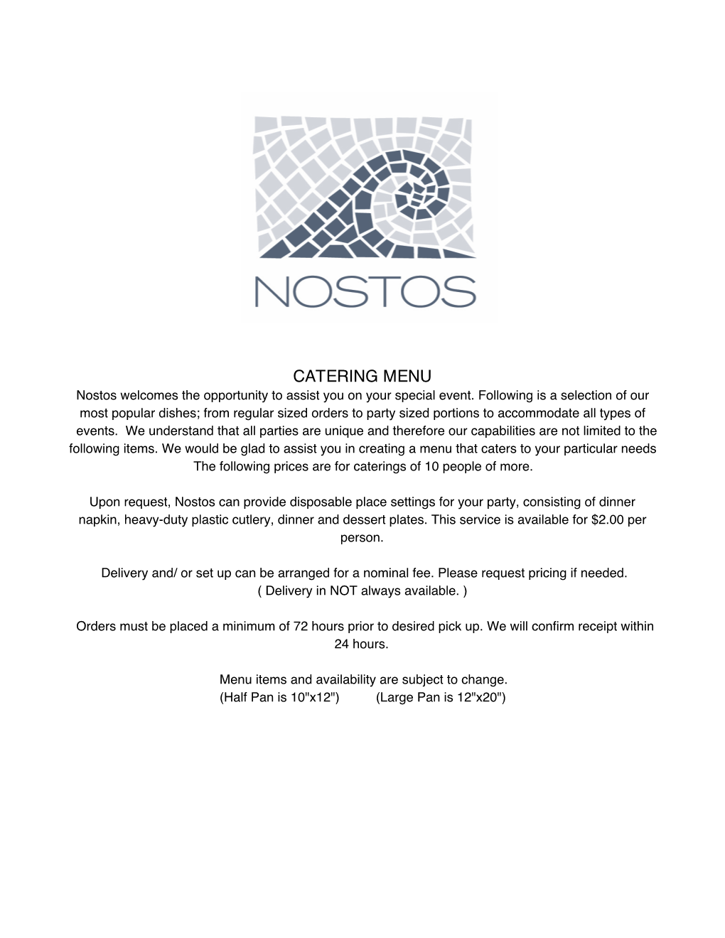 Nostos New Catering Menu