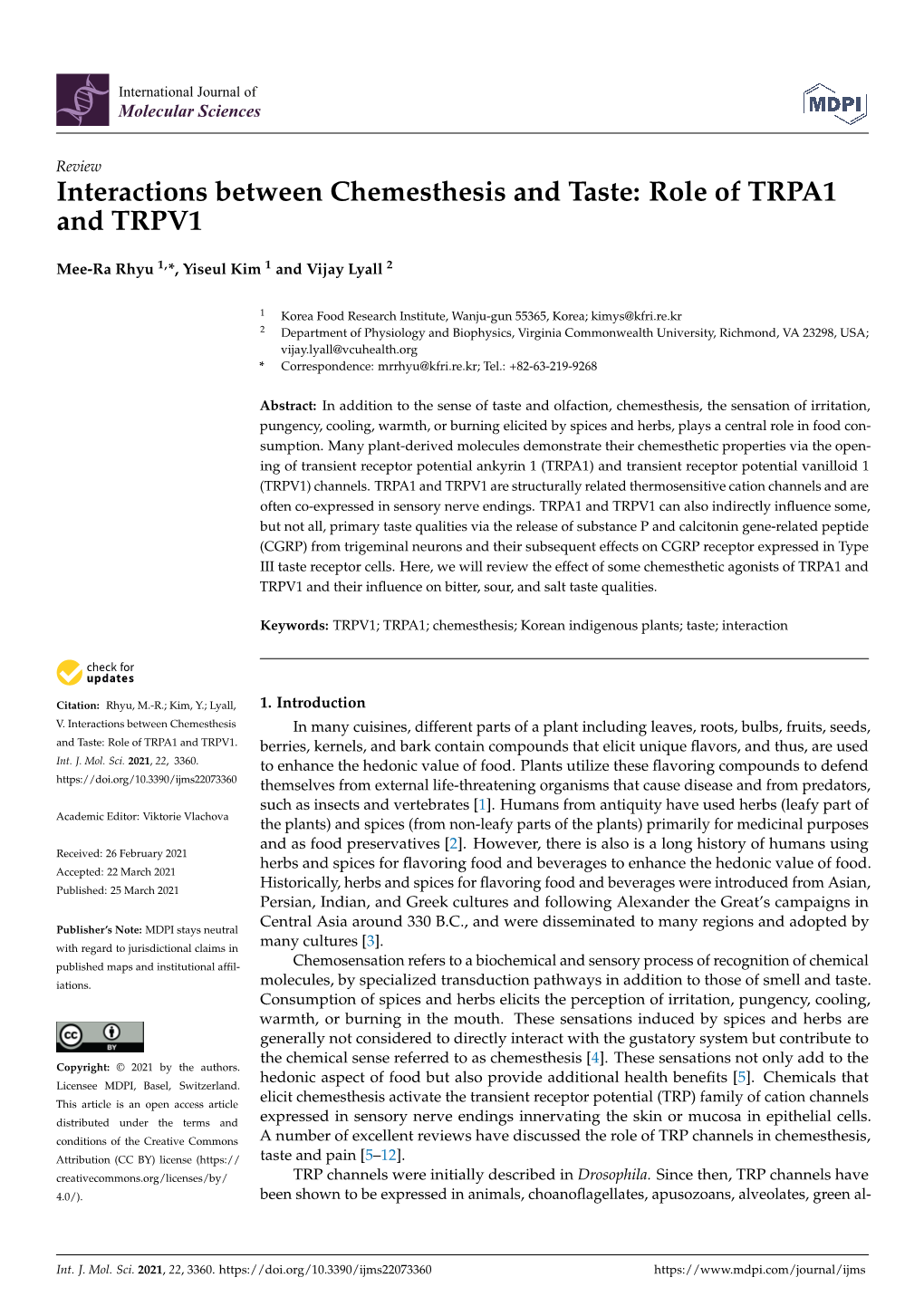 Interactions Between Chemesthesis and Taste: Role of TRPA1 and TRPV1