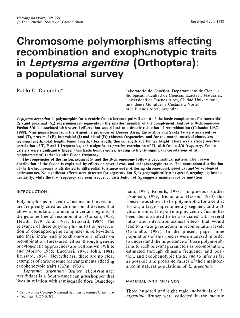 Recombination and Exophnotypic Traits in Leptysma Argentina (Orthoptera): a Populational Survey