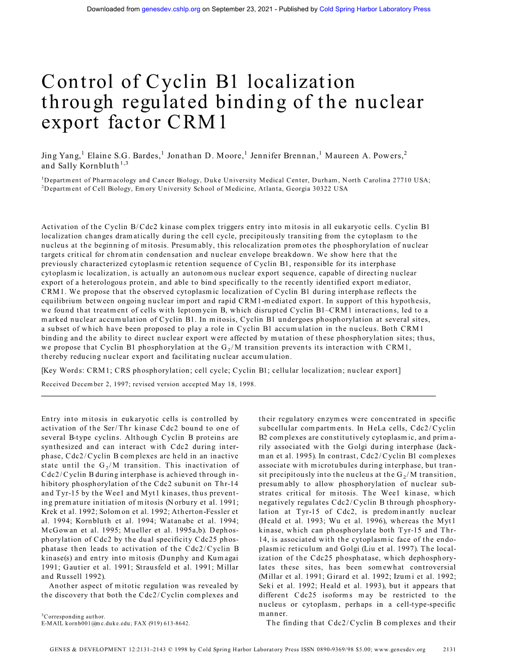 Control of Cyclin B1 Localization Through Regulated Binding of the Nuclear Export Factor CRM1