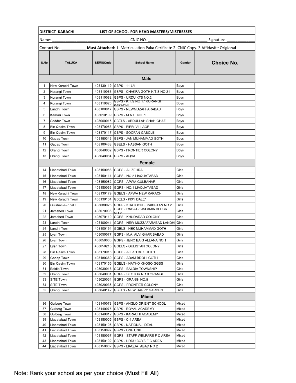 Note: Rank Your School As Per Your Choice (Must Fill All) DISTRICT KARACHI LIST of SCHOOL for HEAD MASTERS/MISTRESSES Name: ______CNIC NO