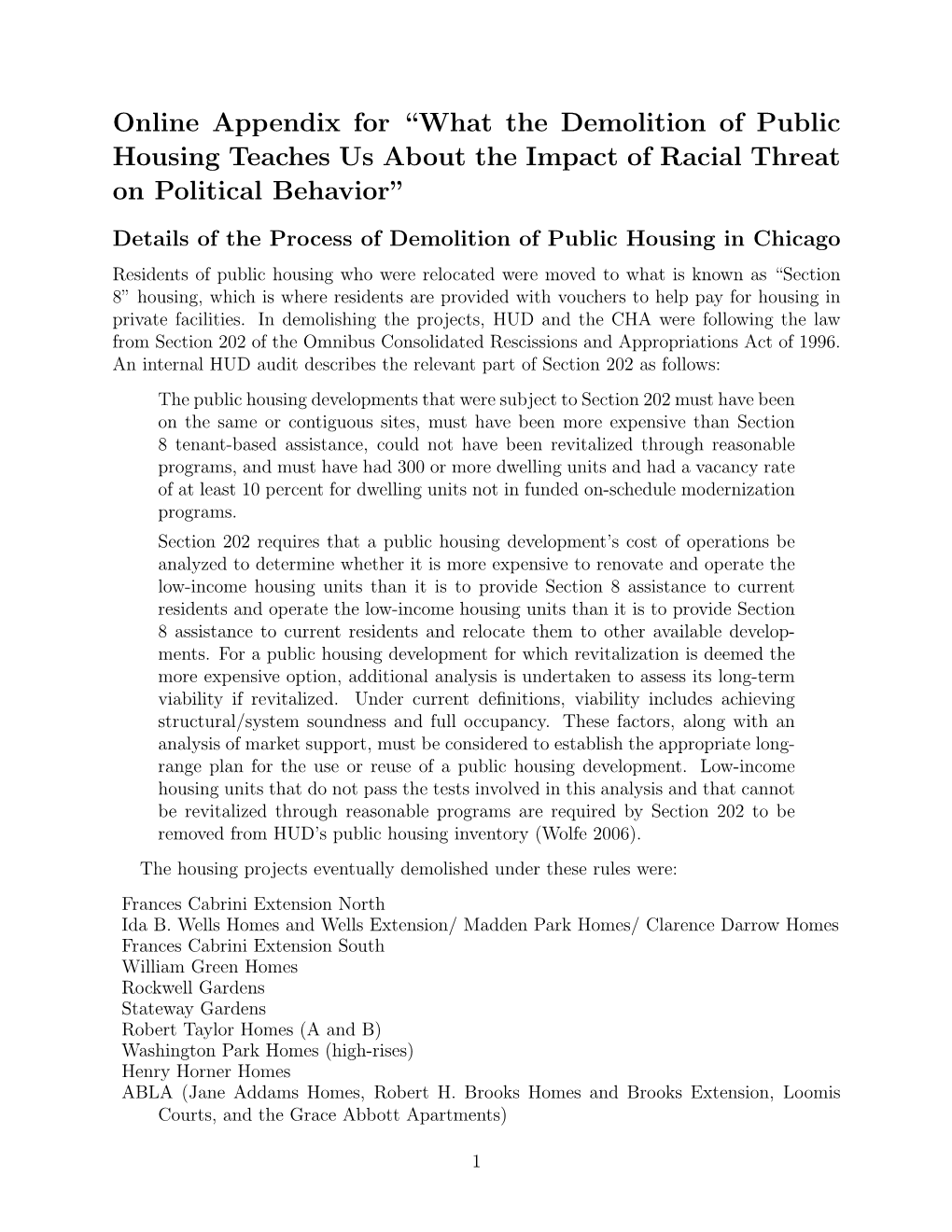 What the Demolition of Public Housing Teaches Us About the Impact of Racial Threat on Political Behavior”