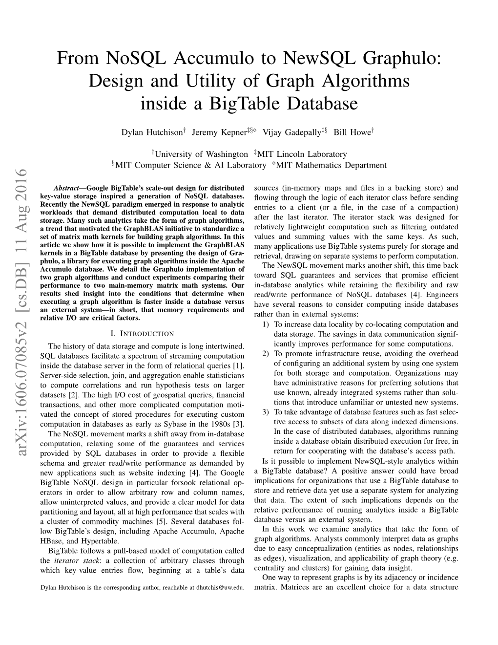 From Nosql Accumulo to Newsql Graphulo: Design and Utility of Graph Algorithms Inside a Bigtable Database