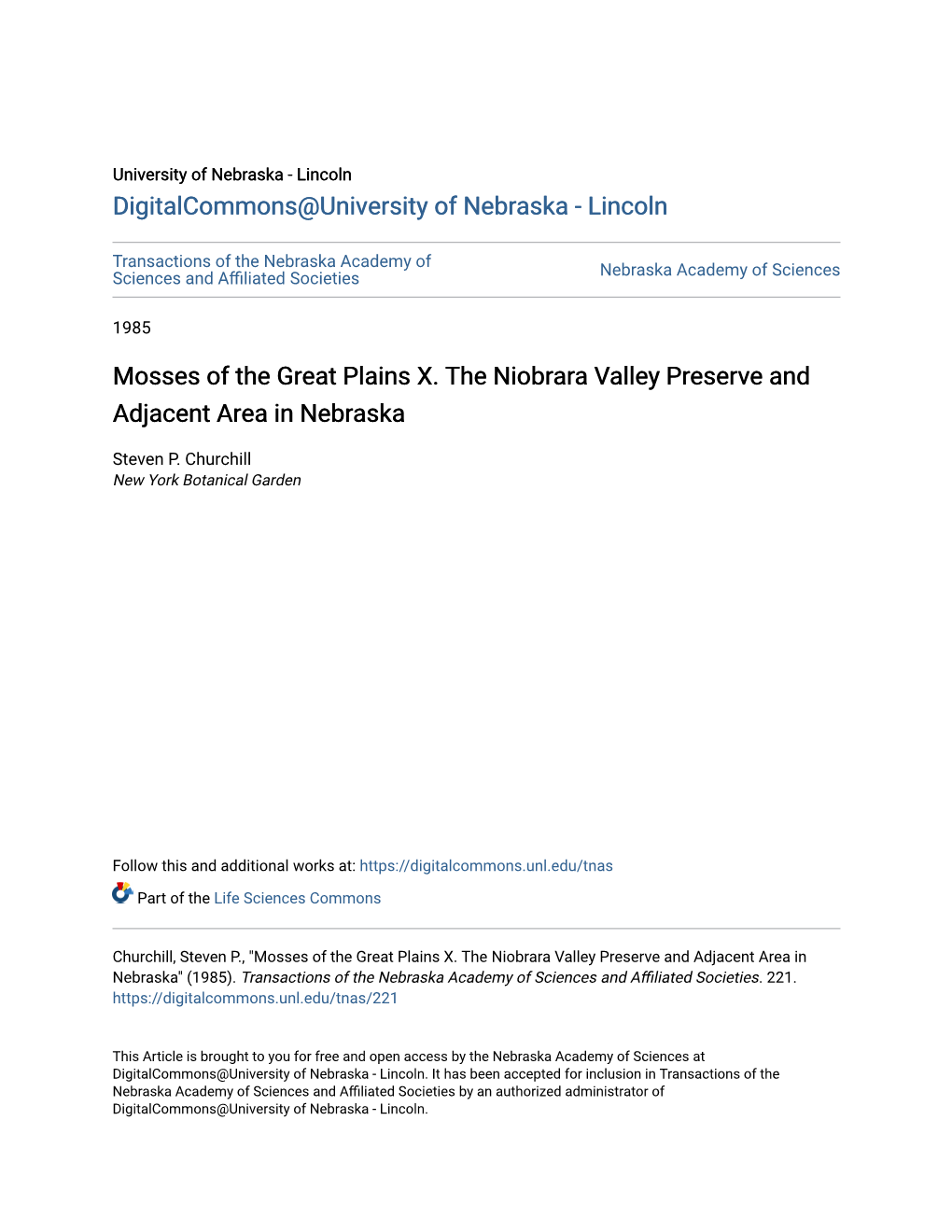 Mosses of the Great Plains X. the Niobrara Valley Preserve and Adjacent Area in Nebraska