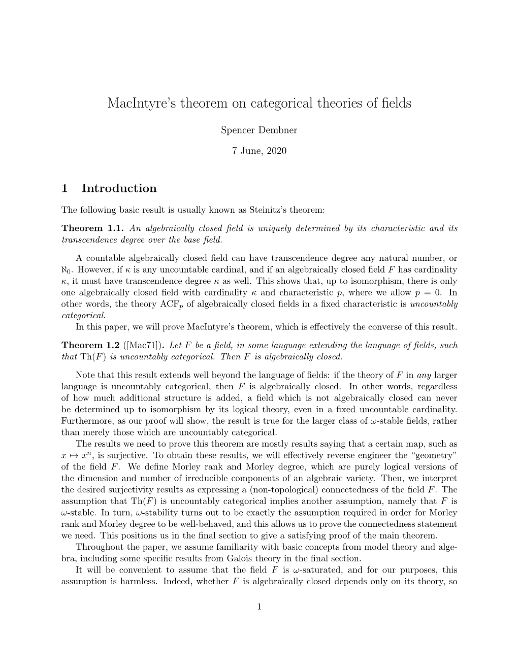 Macintyre's Theorem on Categorical Theories of Fields