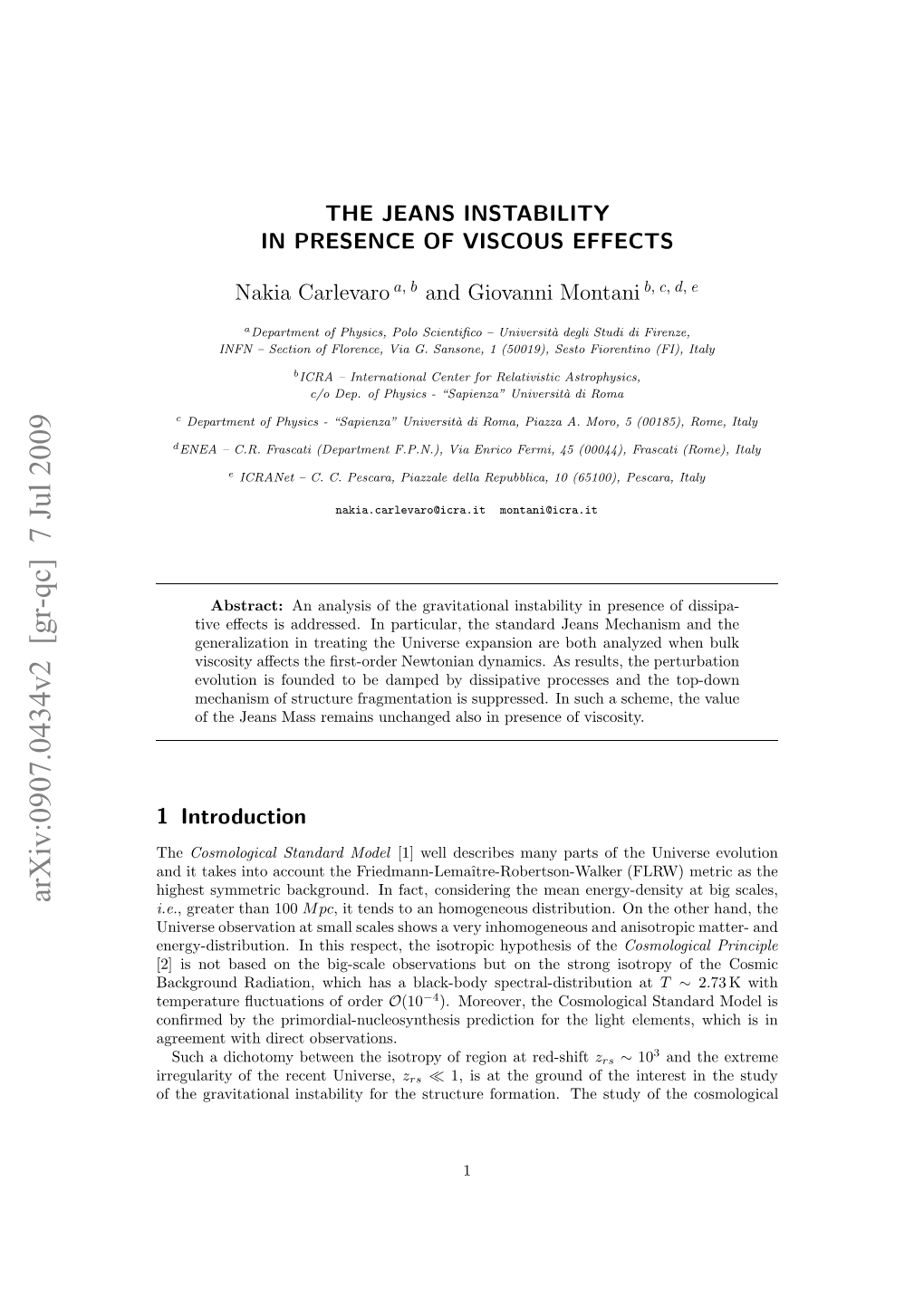 Arxiv:0907.0434V2 [Gr-Qc] 7 Jul 2009 Ihs Ymti Akrud Nfc,Cnieigtema Ene Mean the Considering Fact, in I.E