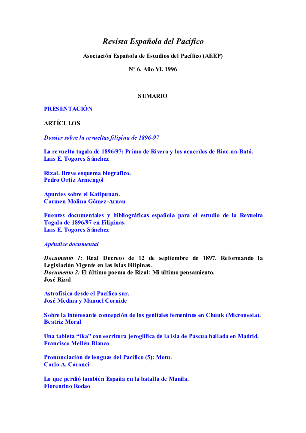 Revista Española Del Pacífico. Nº 6. Año VI. 1996