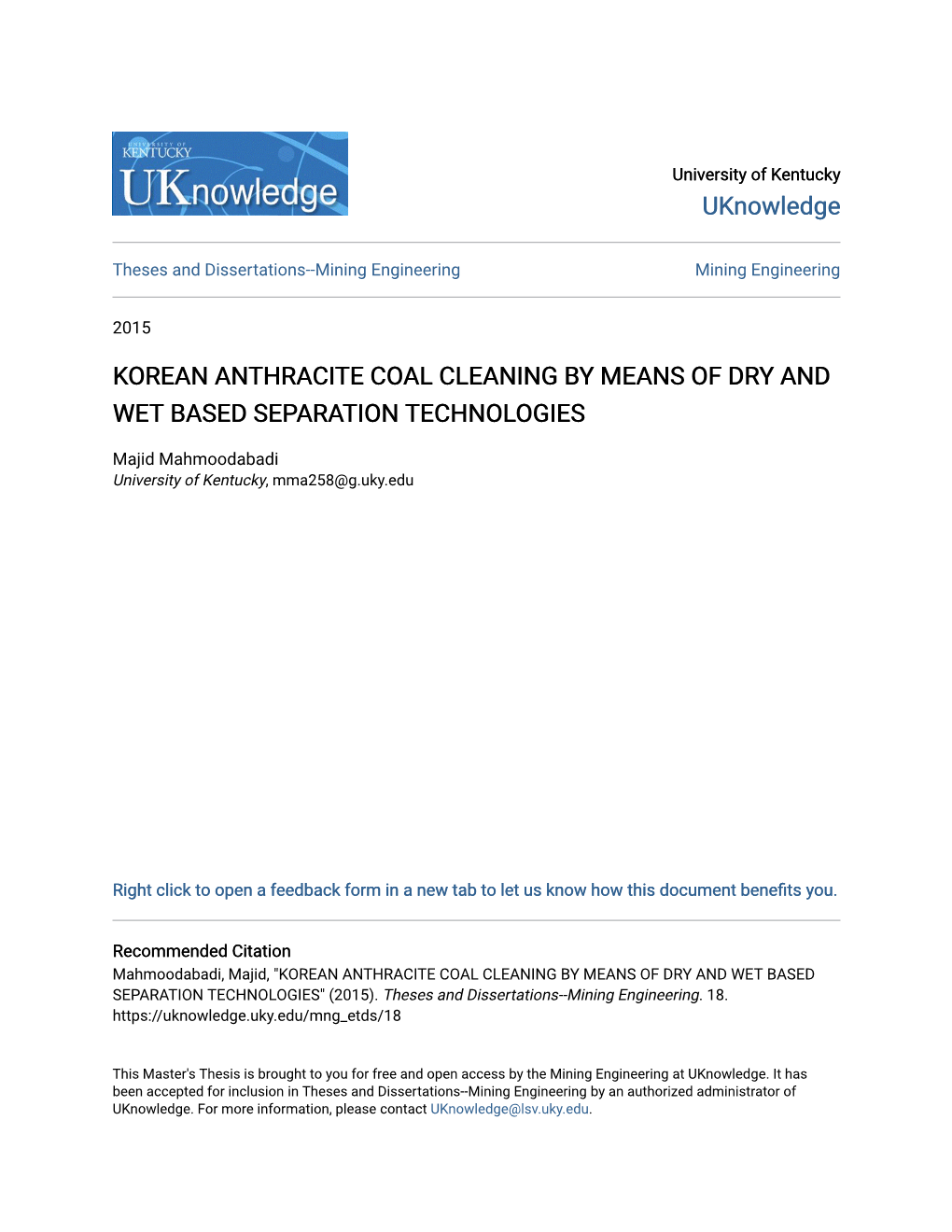 Korean Anthracite Coal Cleaning by Means of Dry and Wet Based Separation Technologies