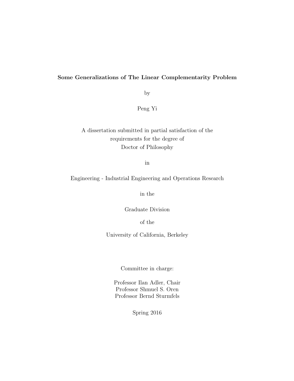 Some Generalizations of the Linear Complementarity Problem by Peng