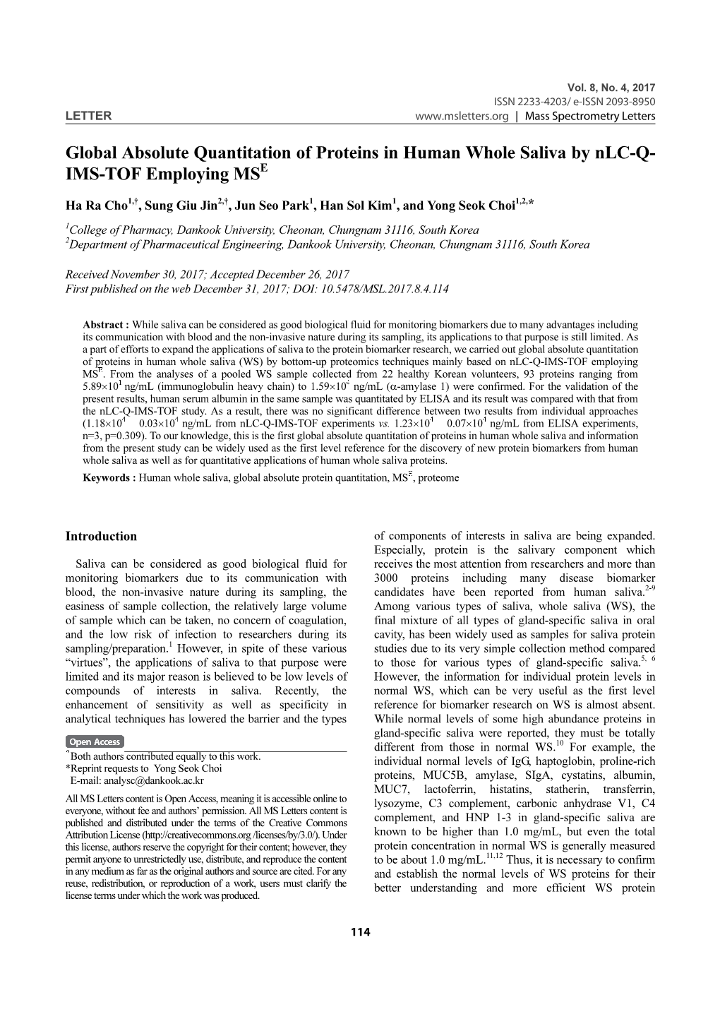 Global Absolute Quantitation of Proteins in Human Whole Saliva by Nlc-Q- IMS-TOF Employing MSE
