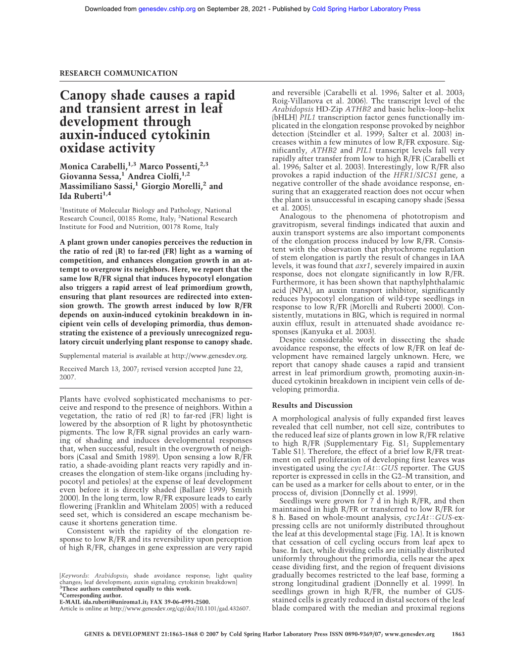 Canopy Shade Causes a Rapid and Transient Arrest in Leaf Development Through Auxin-Induced Cytokinin Oxidase Activity