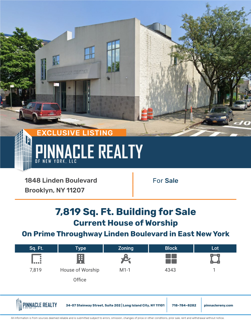 7,819 Sq. Ft. Building for Sale Current House of Worship on Prime Throughway Linden Boulevard in East New York