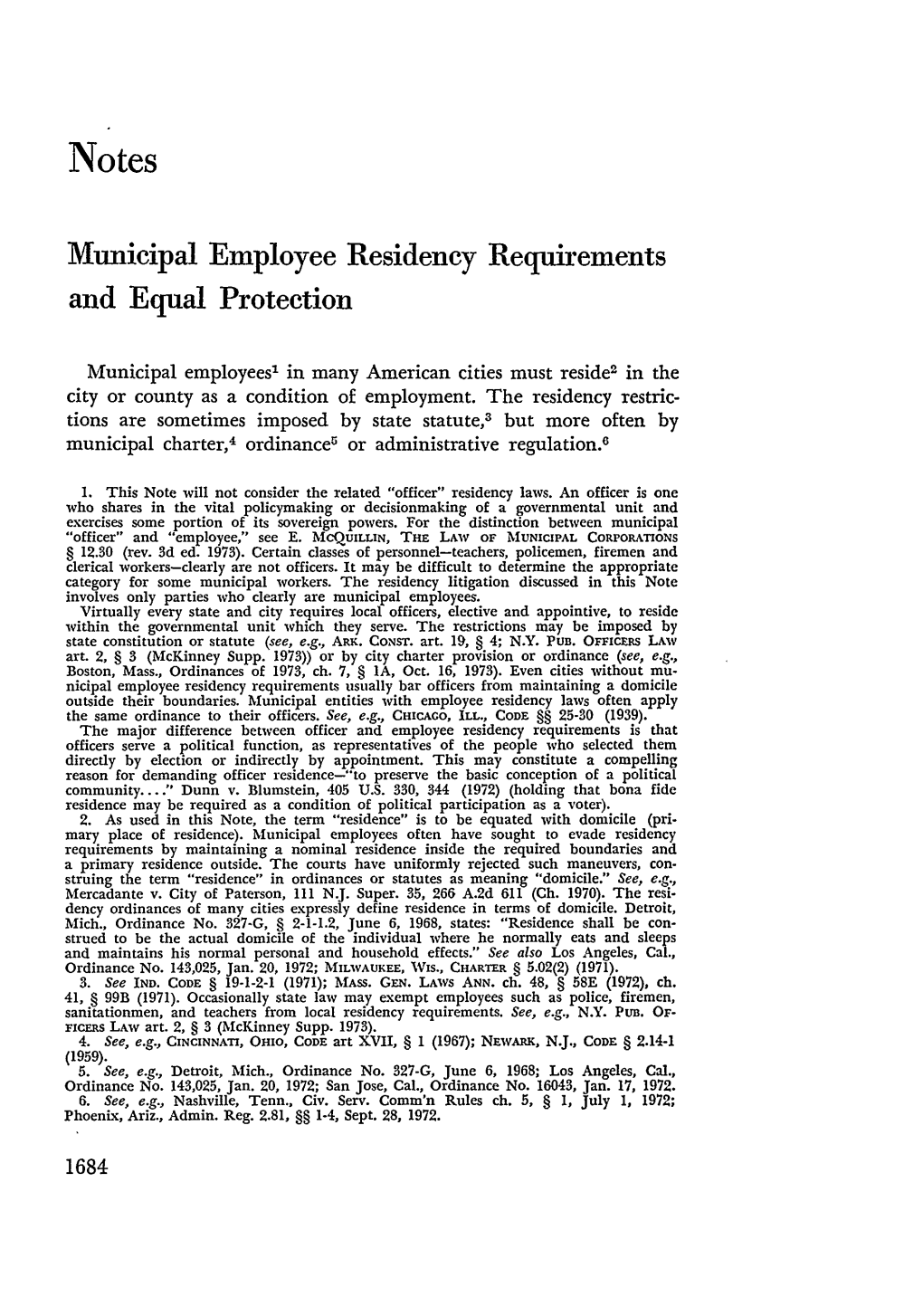 Municipal Employee Residency Requirements and Equal Protection