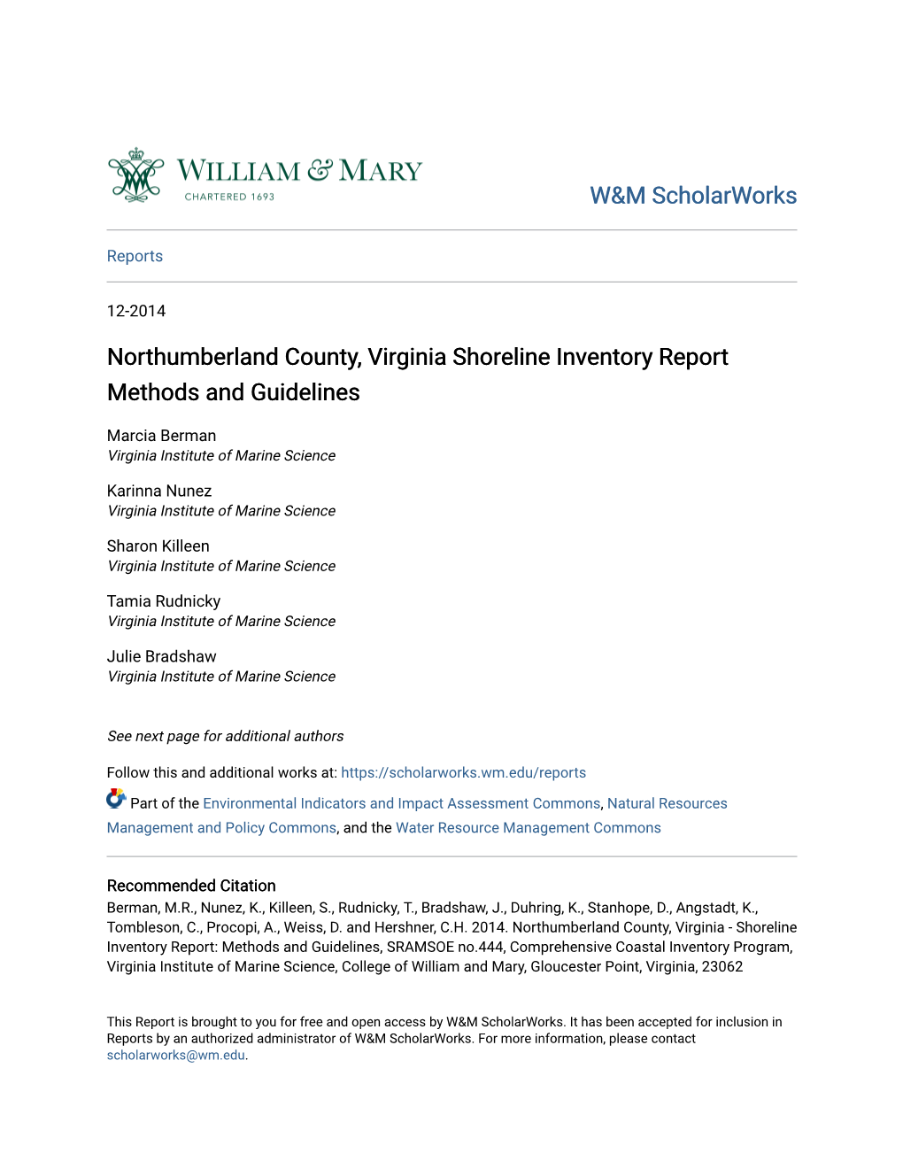 Northumberland County, Virginia Shoreline Inventory Report Methods and Guidelines