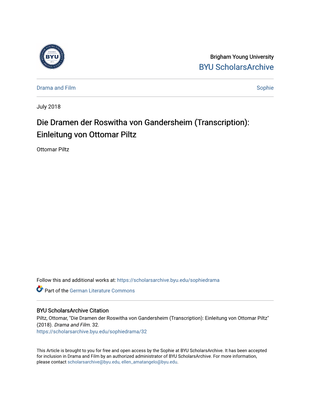 Die Dramen Der Roswitha Von Gandersheim (Transcription): Einleitung Von Ottomar Piltz