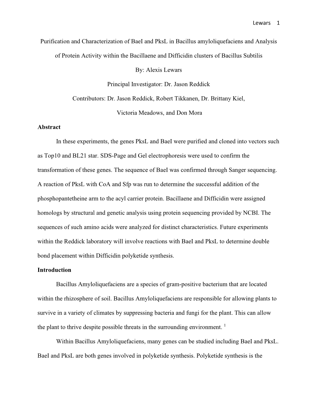 Purification and Characterization of Baei and Pksl in Bacillus Amyloliquefaciens and Analysis