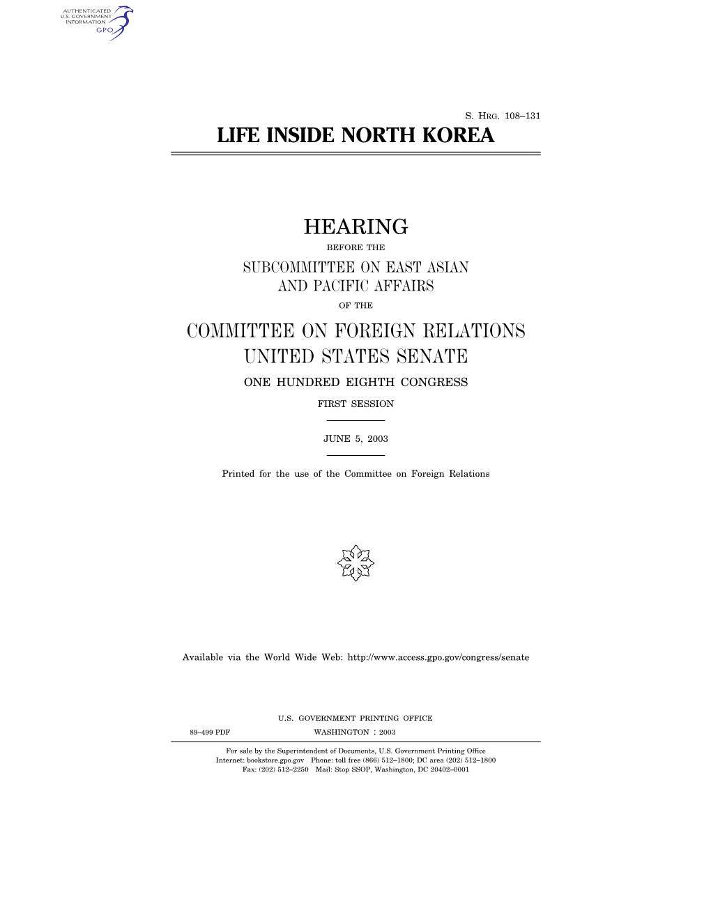 Life Inside North Korea Hearing Committee on Foreign Relations United States Senate