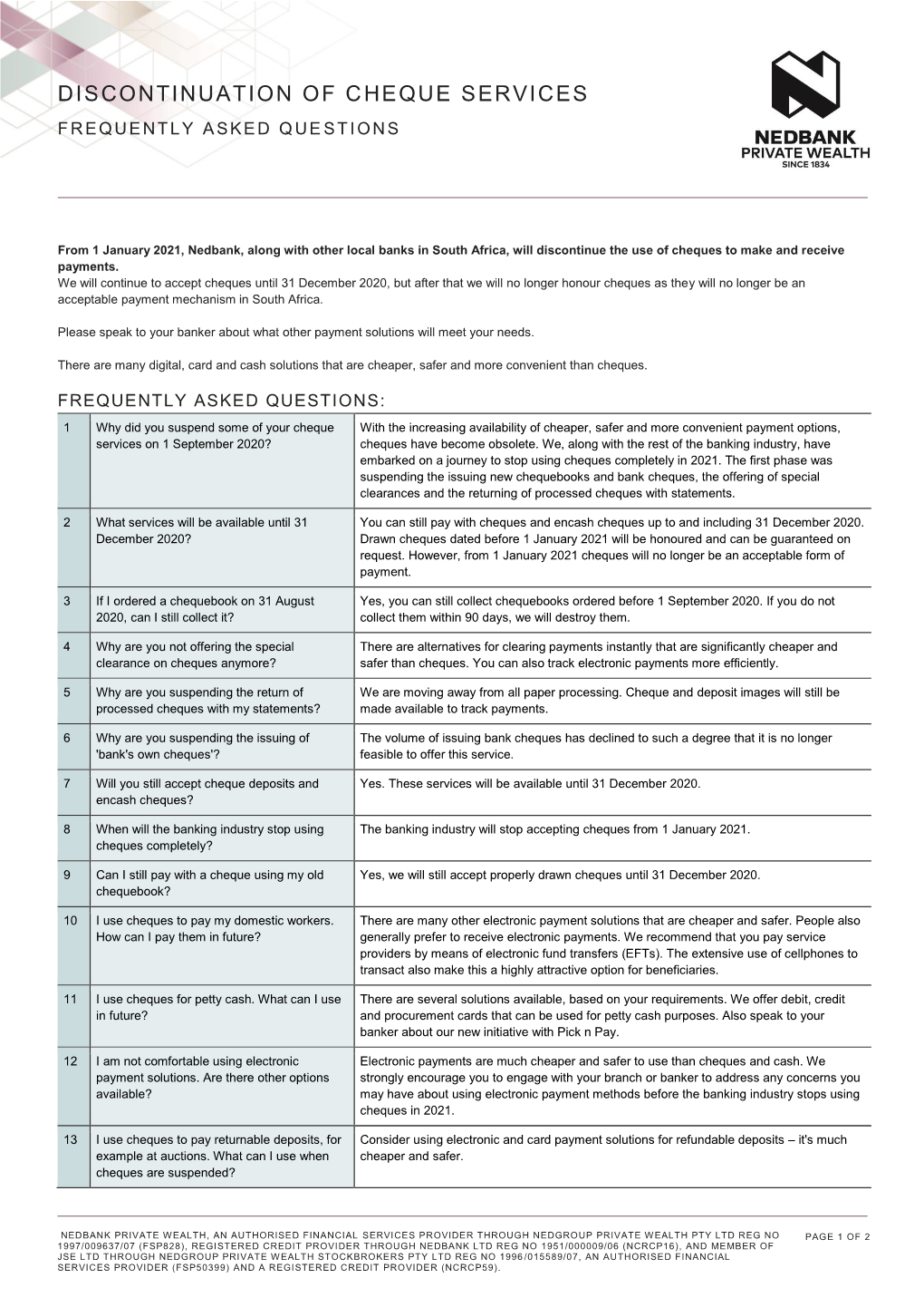 Discontinuation of Cheque Services Frequently Asked Que Stions