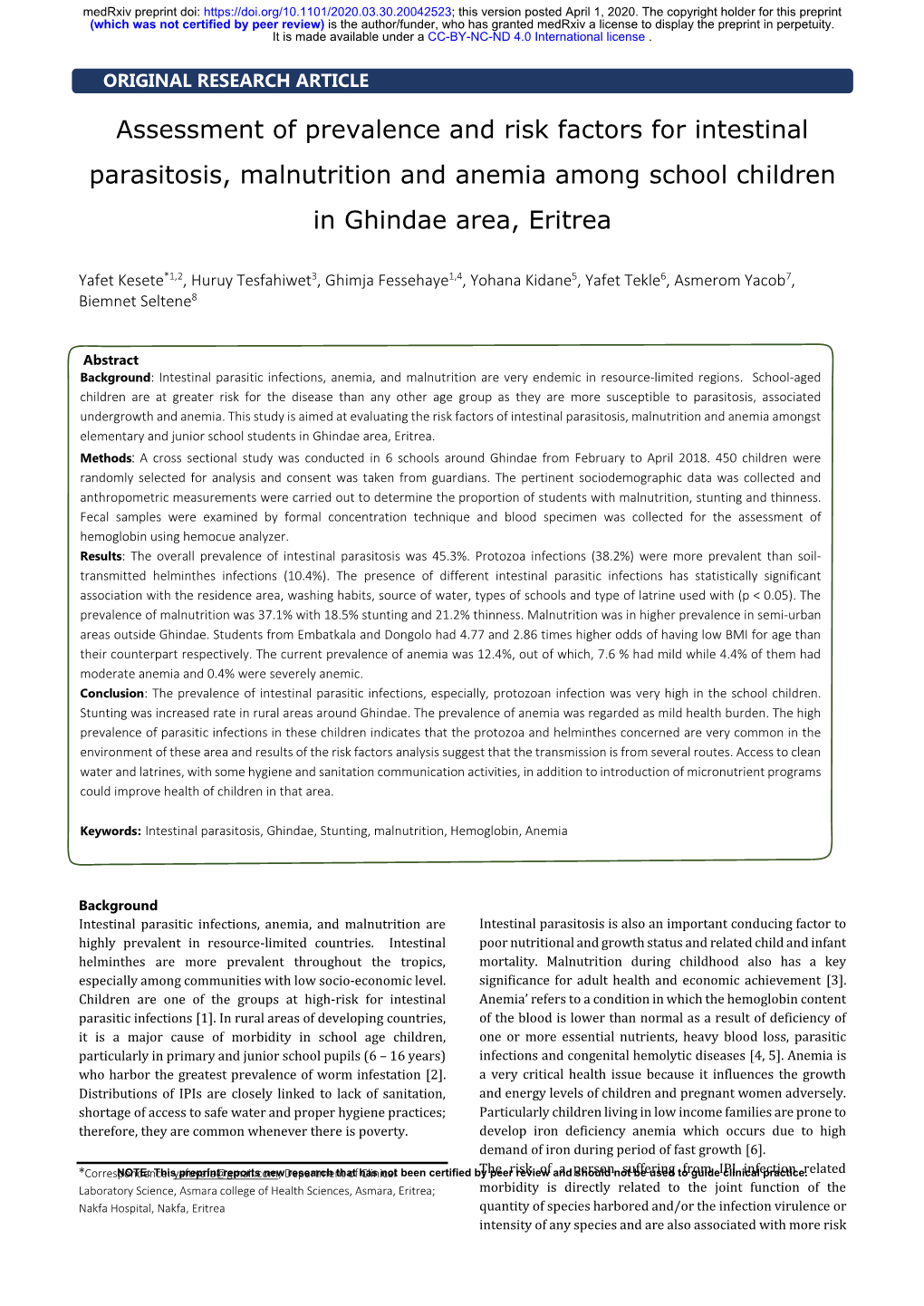 Assessment of Prevalence and Risk Factors for Intestinal Parasitosis, Malnutrition and Anemia Among School Children in Ghindae Area, Eritrea