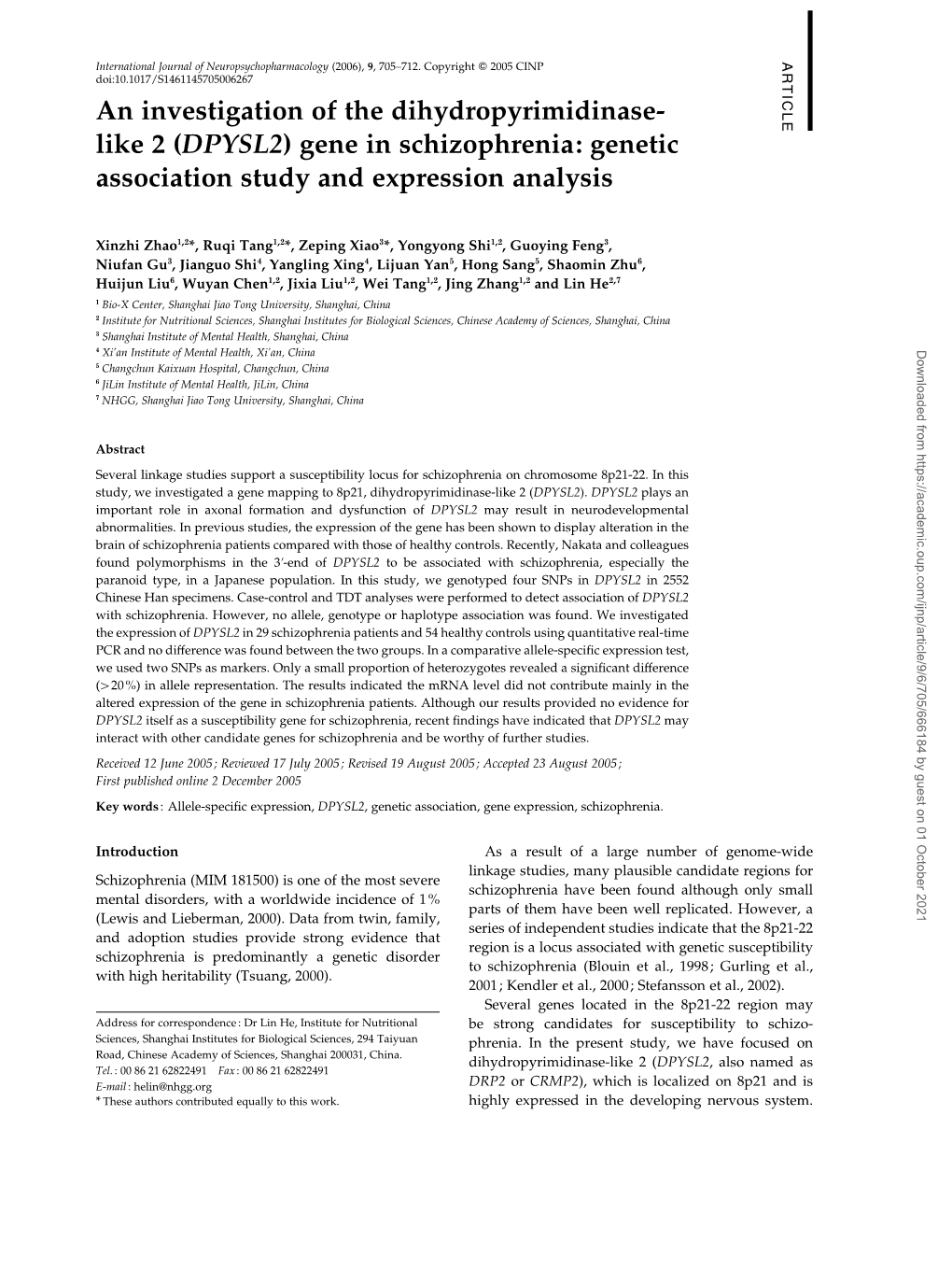 (DPYSL2) Gene in Schizophrenia: Genetic Association Study and Expression Analysis
