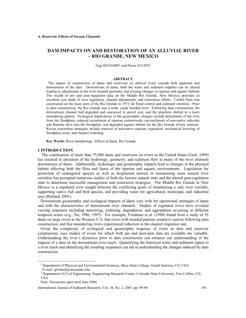 Dam Impacts on and Restoration of an Alluvial River-Rio Grande, New Mexico