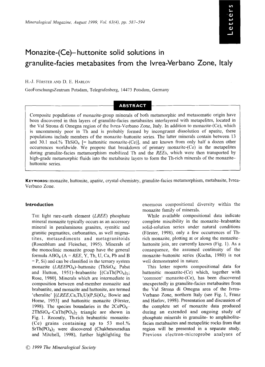 Monazite-(Ce)-Huttonite Solid Solutions in Granulite-Facies Metabasites from the Ivrea-Verbano Zone, Italy