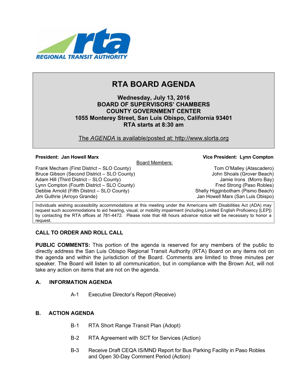 Rta Board Agenda