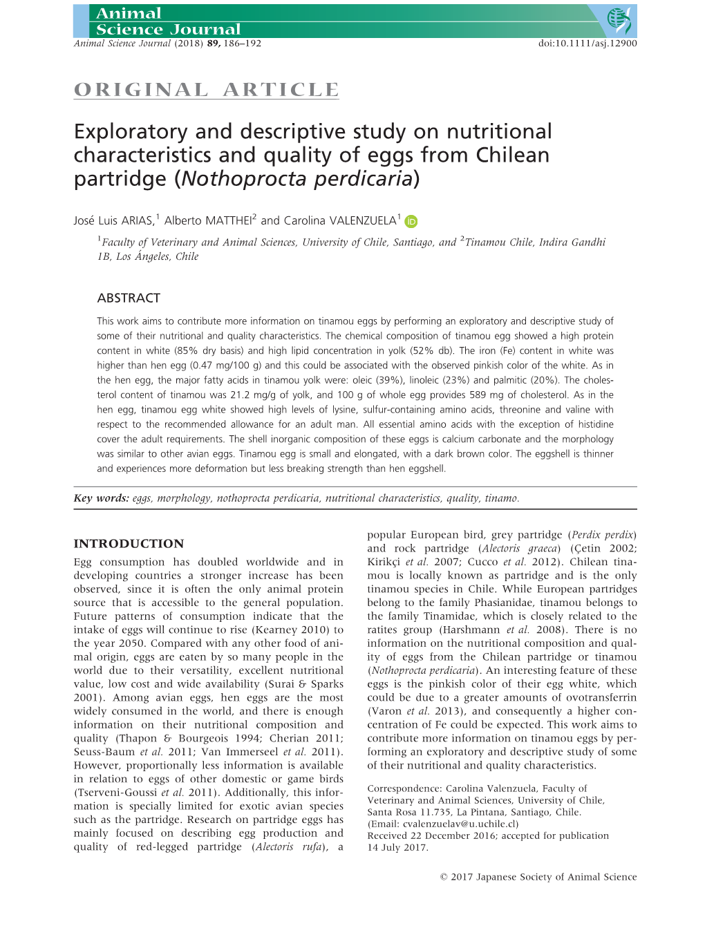 Exploratory and Descriptive Study on Nutritional Characteristics and Quality of Eggs from Chilean Partridge (Nothoprocta Perdicaria)