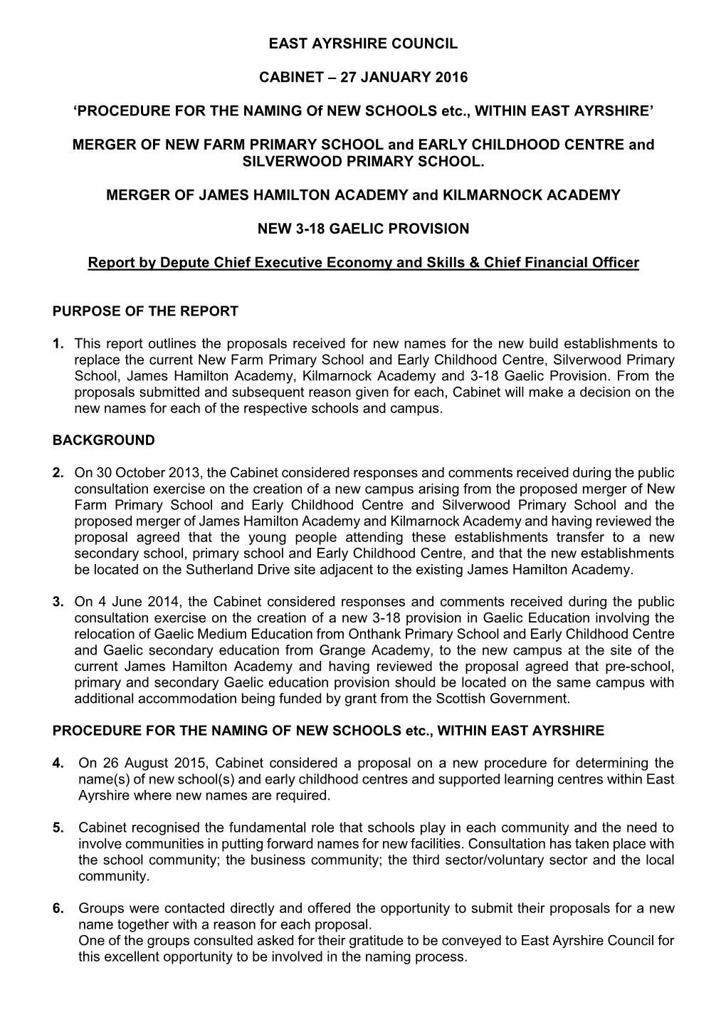 27 January 2016 Cabinet Report: Naming of the New School