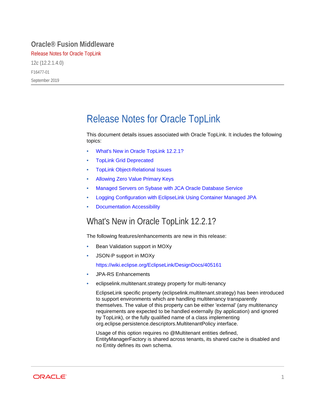 Release Notes for Oracle Toplink 12C (12.2.1.4.0) F16477-01 September 2019