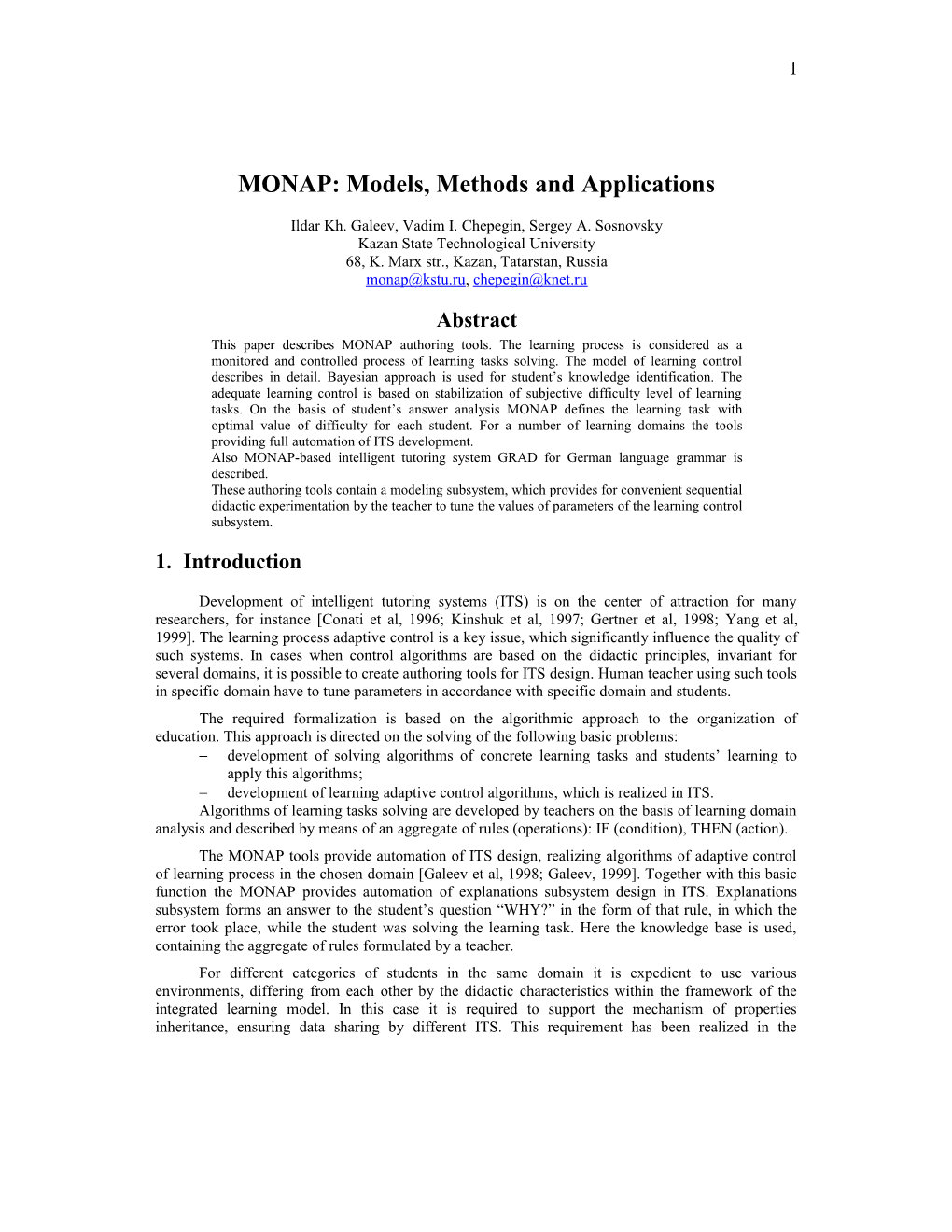 MONAP: Models, Methods and Applications