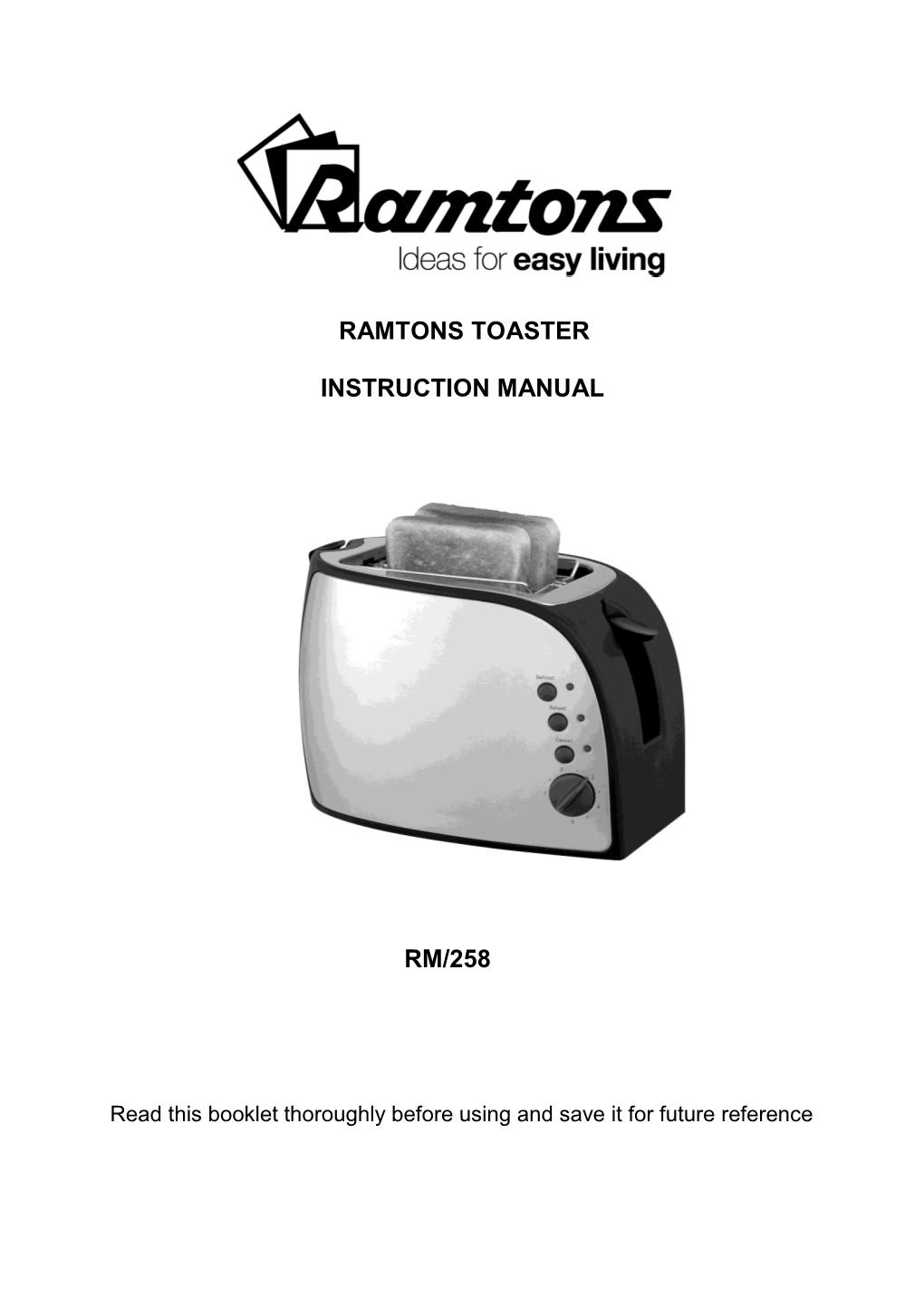 Ramtons Toaster Instruction Manual Rm/258