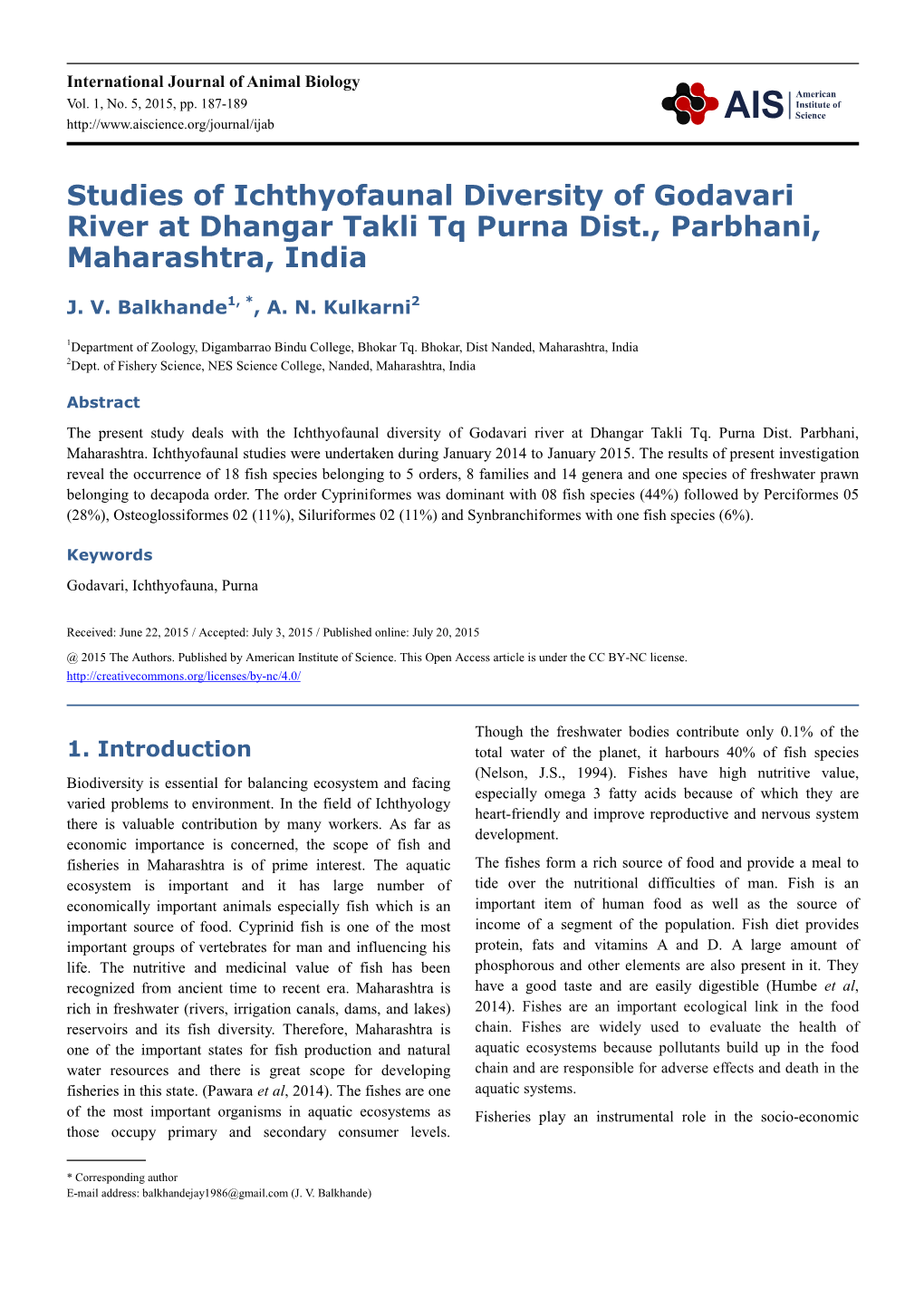 Studies of Ichthyofaunal Diversity of Godavari River at Dhangar Takli Tq Purna Dist., Parbhani, Maharashtra, India