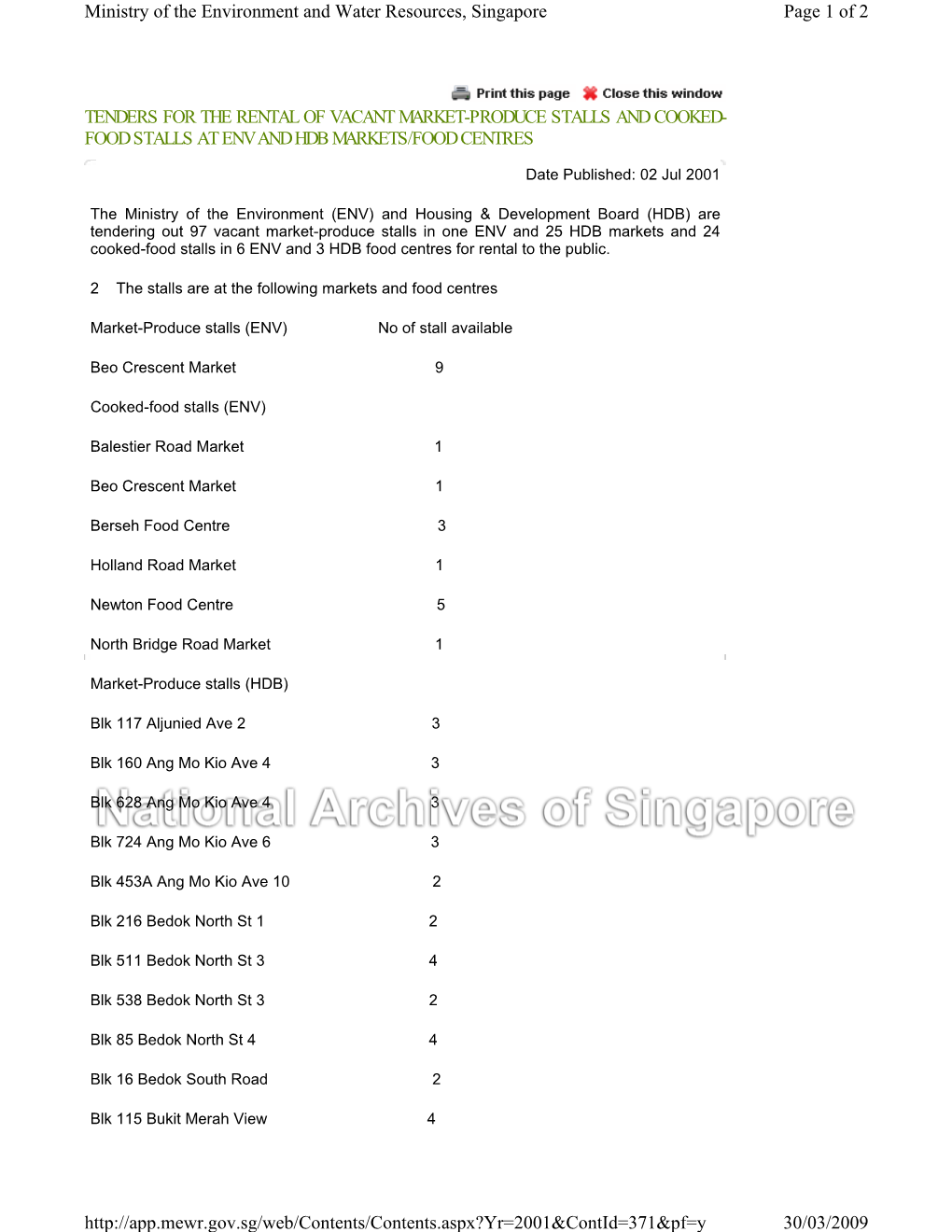 Tenders for the Rental of Vacant Market-Produce Stalls and Cooked- Food Stalls at Env and Hdb Markets/Food Centres