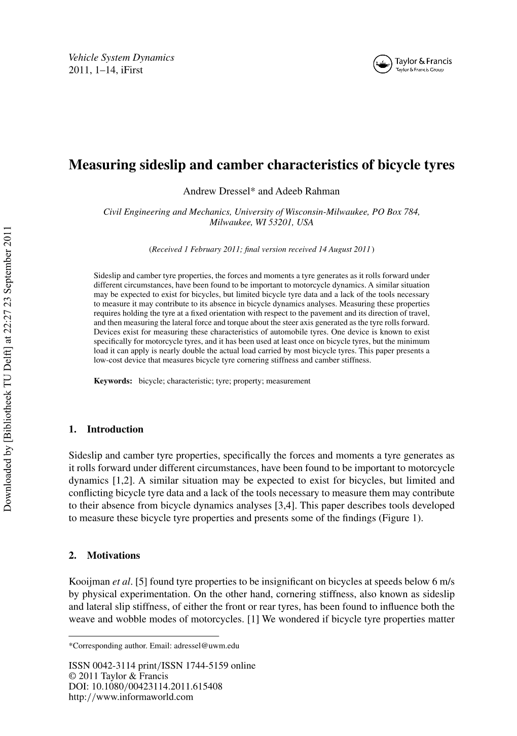 Measuring Sideslip and Camber Characteristics of Bicycle Tyres