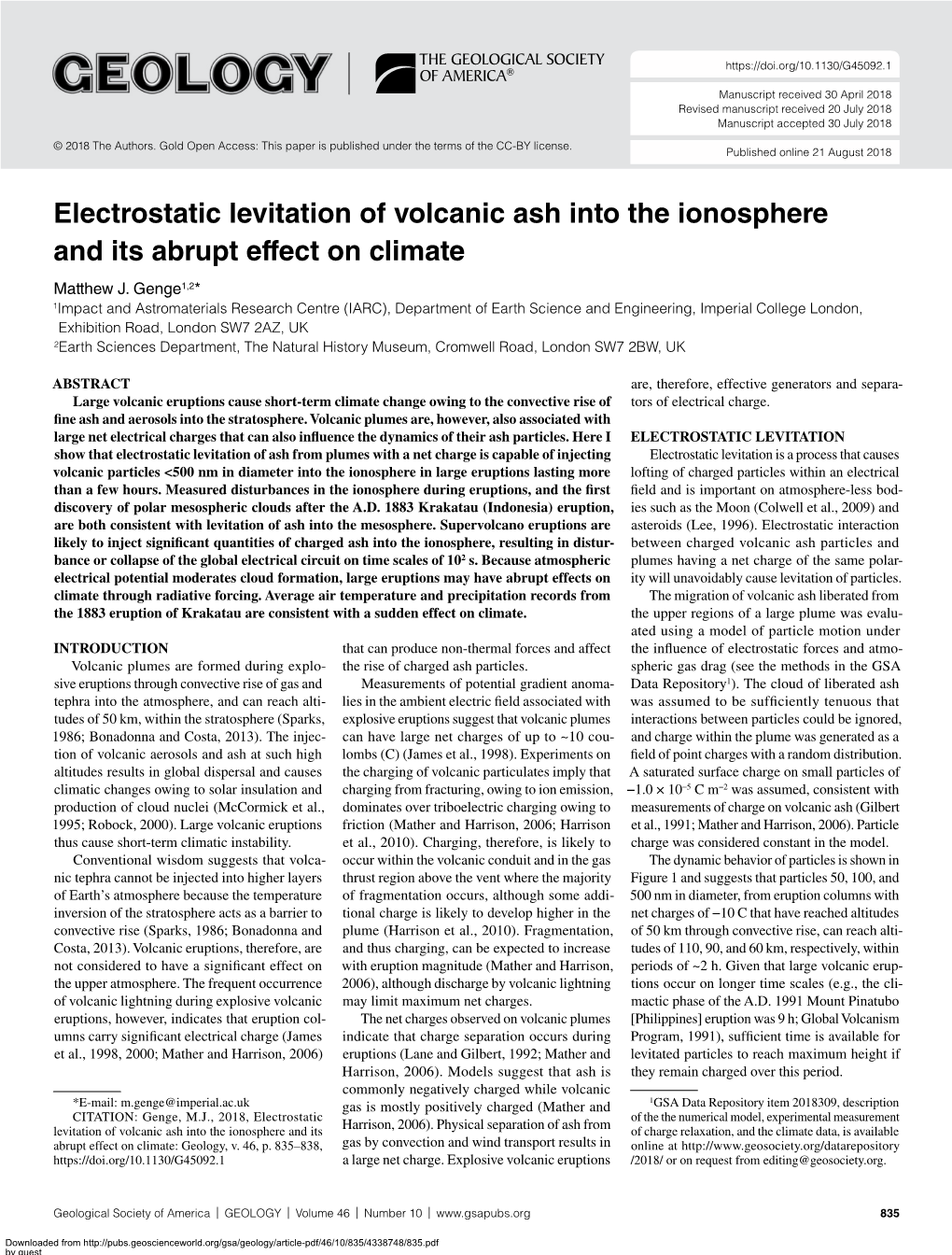 Electrostatic Levitation of Volcanic Ash Into the Ionosphere and Its Abrupt Effect on Climate Matthew J