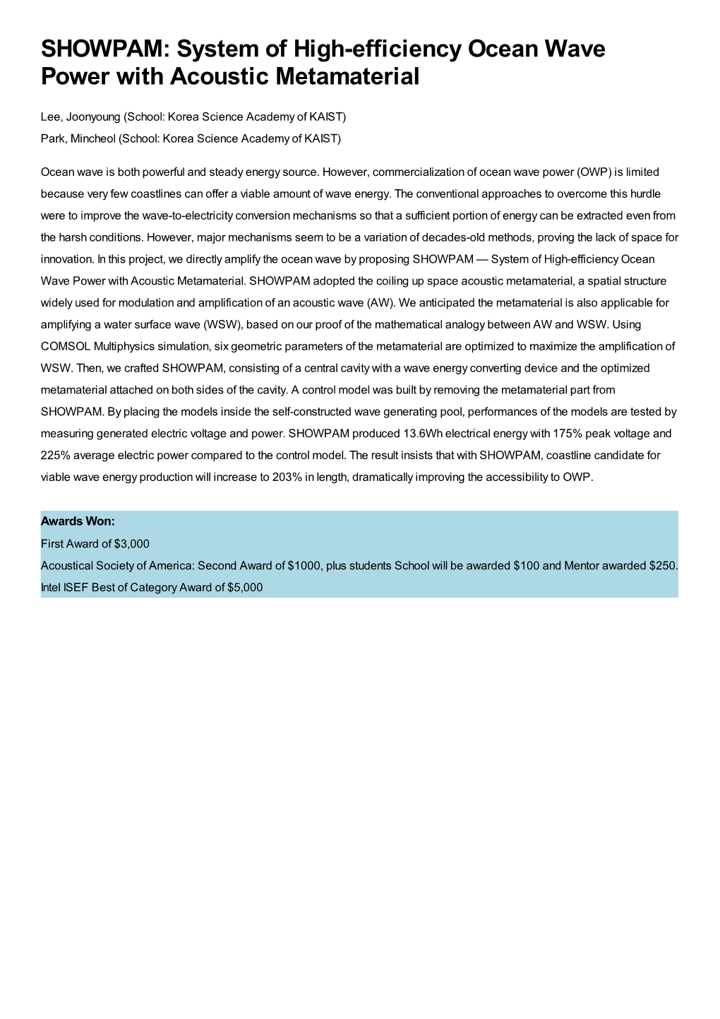 SHOWPAM: System of High-Efficiency Ocean Wave Power with Acoustic Metamaterial