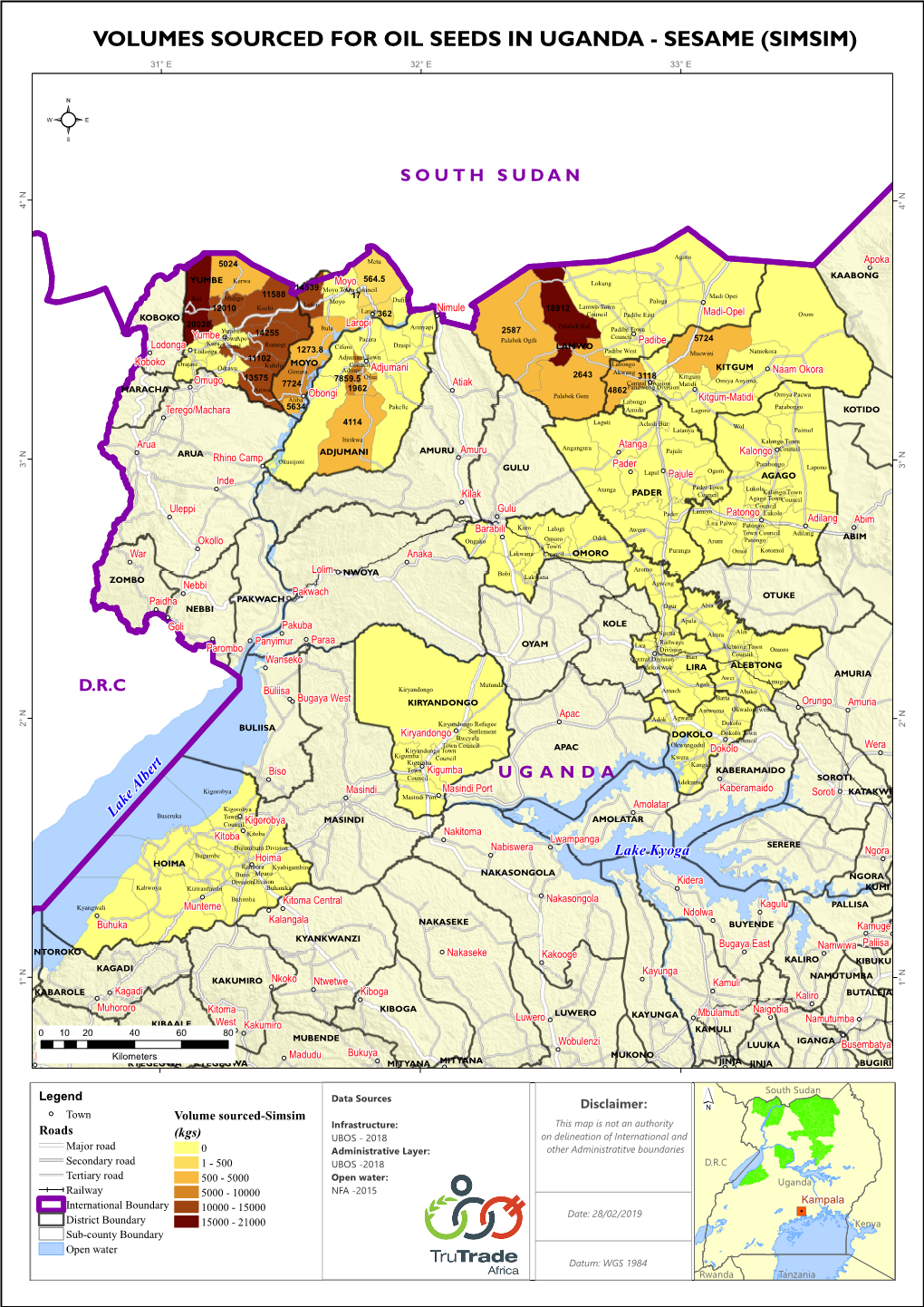 Volumes Sourced for Oil Seeds in Uganda - Sesame (Simsim) 31° E 32° E 33° E ²