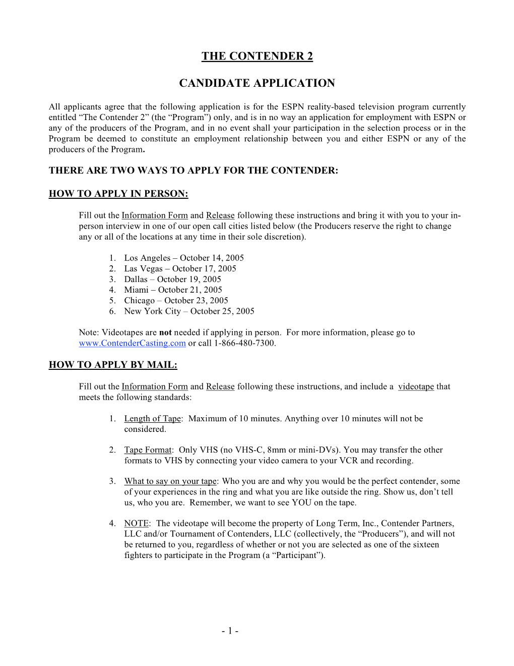 The Contender 2 Candidate Application