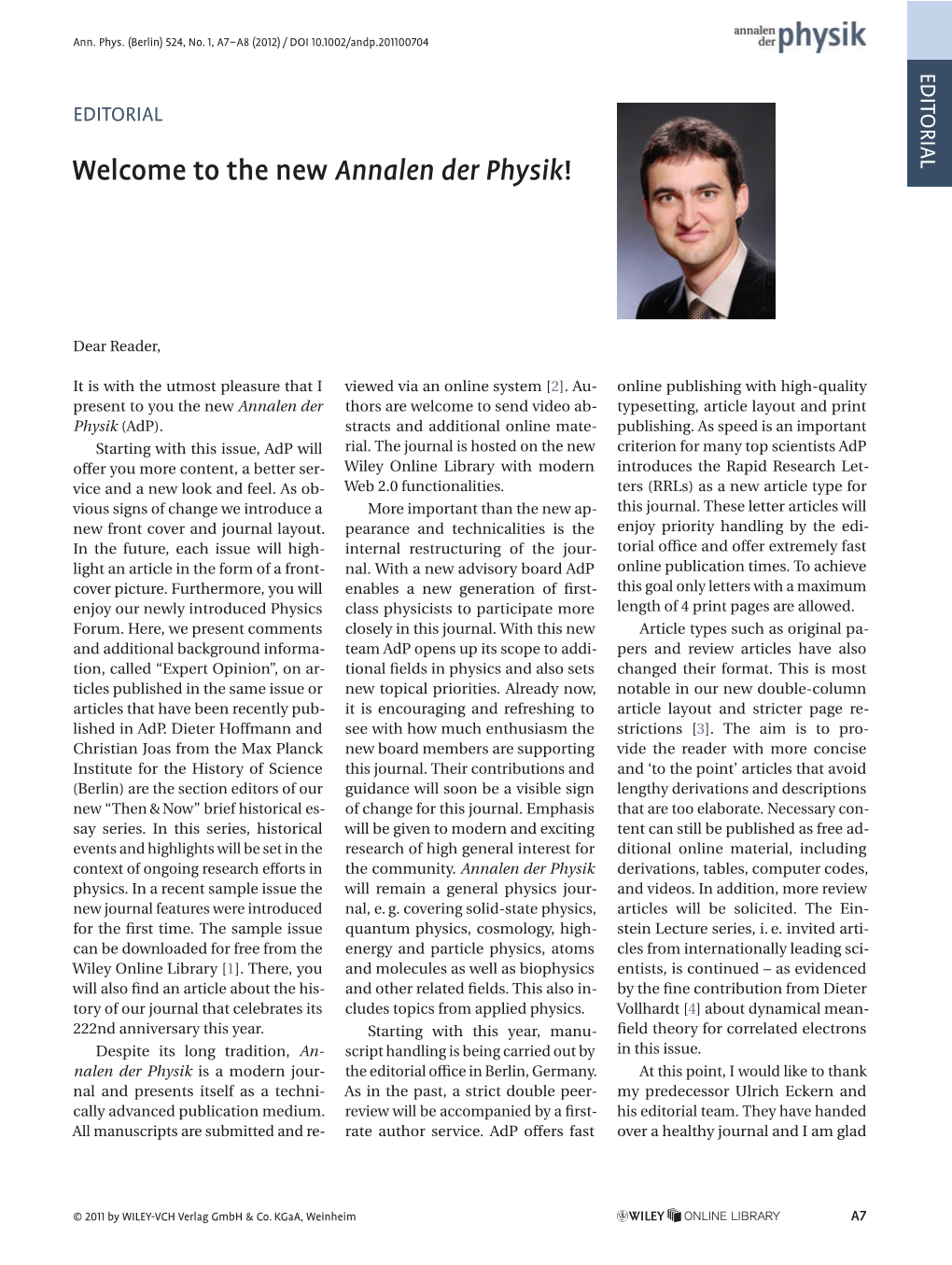 Editorial: Wecome to the New Annalen Der Physik