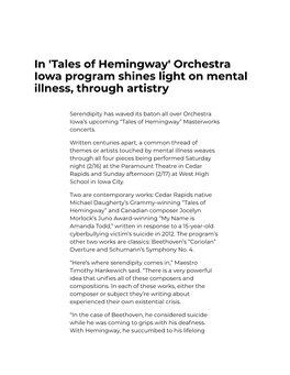 'Tales of Hemingway' Orchestra Iowa Program Shines Light on Mental Illness, Through Artistry