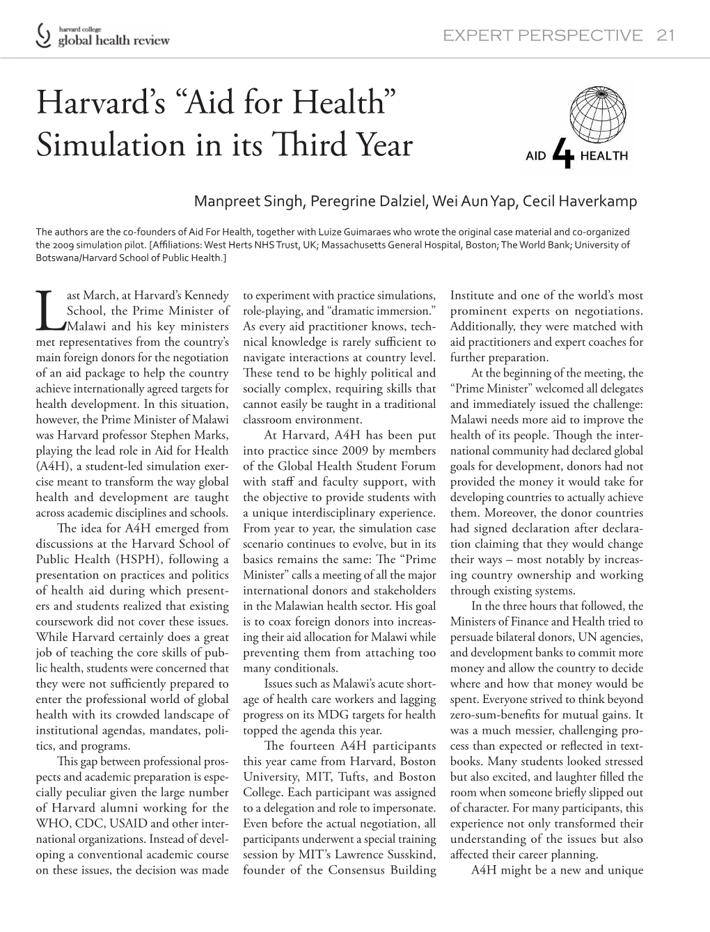 Harvard's “Aid for Health” Simulation in Its Ird Year