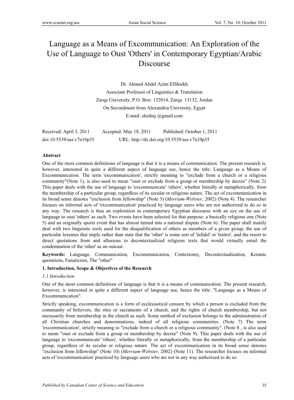 Language As a Means of Excommunication: an Exploration of the Use of Language to Oust 'Others' in Contemporary Egyptian/Arabic Discourse