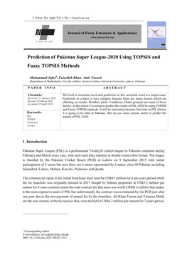 Prediction of Pakistan Super League-2020 Using TOPSIS and Fuzzy TOPSIS Methods